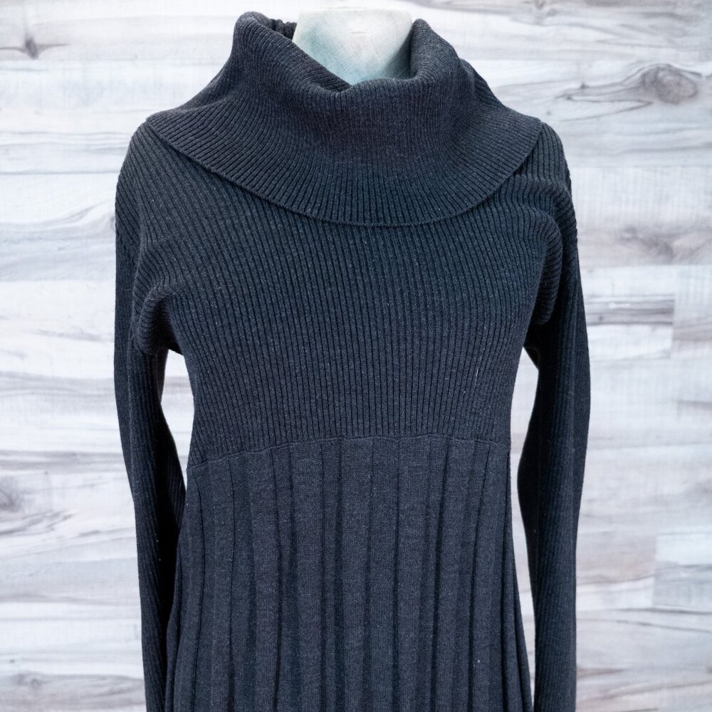 Calvin Klein Gray Mini Dress Turtleneck Ribbed Pleated Long Sleeve Fitted Large